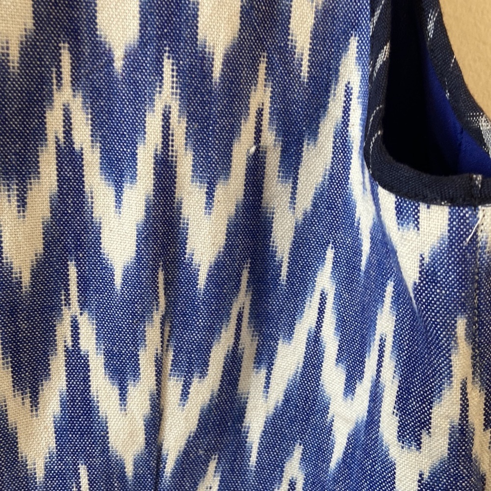 J. Crew Ikat Shift Dress Blue White Sleeveless High Low Hem Mini Size 2 Preppy - Picture 7 of 8